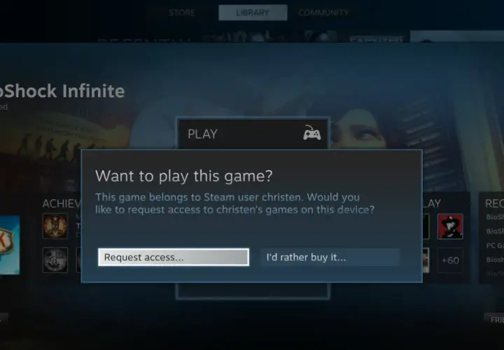 Okno dialogowe Steam z pytaniem "Chcesz zagrać w tę grę?" i opcjami "Poproś o dostęp..." lub "Wolę kupić...".