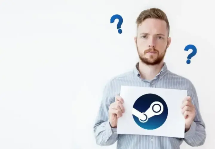 Mężczyzna trzyma kartkę z logo Steam, otoczony znakami zapytania.