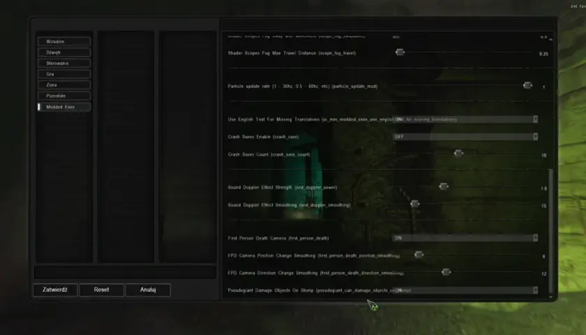Ustawienia gry S.T.A.L.K.E.R. Anomaly, opcje graficzne i dźwiękowe. Włączono opcję "Use English Text For Missing Translations", co może pomóc w spolszczeniu gry.