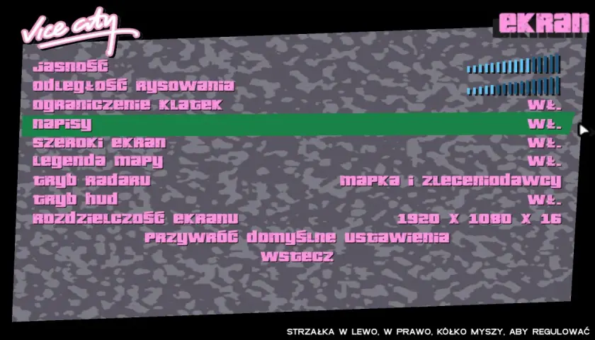 Menu ustawień GTA Vice City. Opcje takie jak napisy, szeroki ekran, rozdzielczość. Spolszczenie gry działa poprawnie.