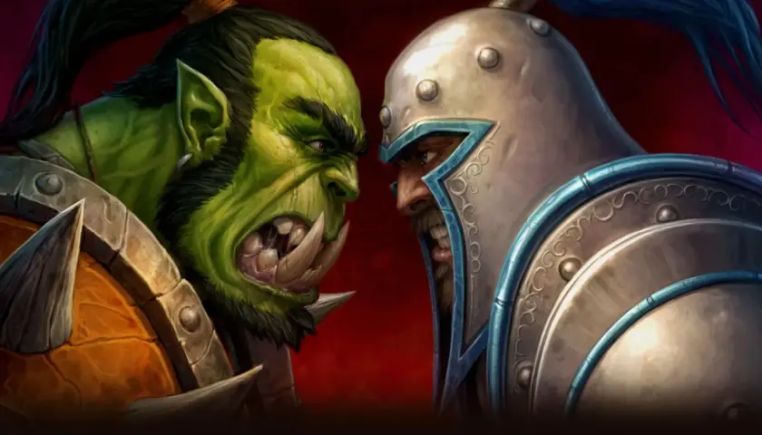 Zacięta konfrontacja orka i człowieka, ikoniczna dla Warcraft: Orcs & Humans.