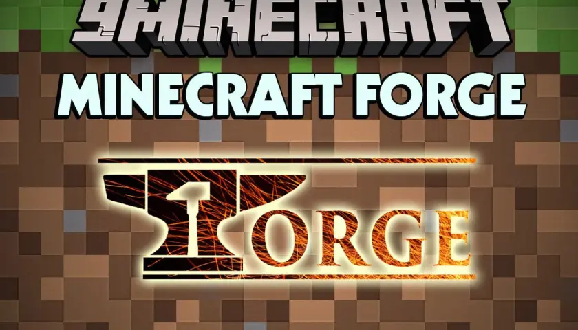 Logo Minecraft Forge z kowadłem i płomieniami na tle bloków Minecraft.