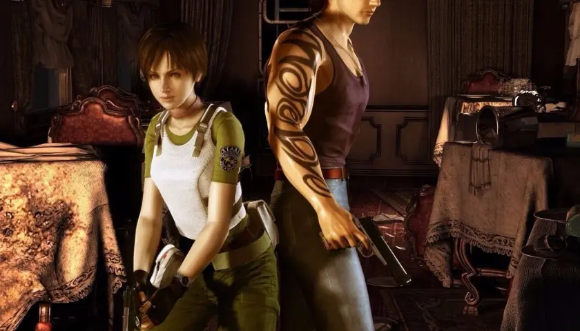 Rebecca Chambers i Billy Coen z Resident Evil 0 w ponurym wnętrzu, gotowi do walki.
