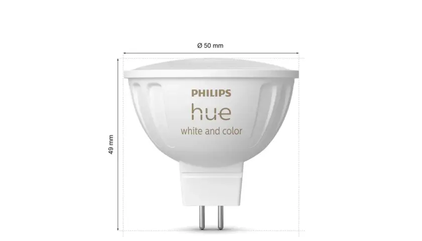 Żarówka Philips Hue, biała i kolorowa, o średnicy 50 mm i wysokości 49 mm.