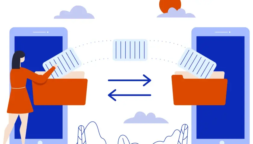 Ilustracja pokazuje transfer danych między dwoma smartfonami, co może pomóc w zrozumieniu, jak odzyskać zapis gry android.