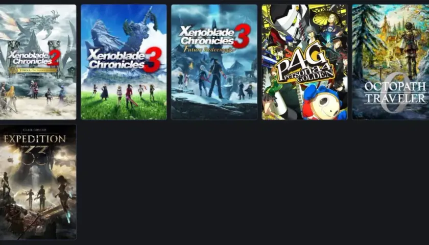 Okładki gier: Xenoblade Chronicles 2, 3, Future Redeemed, Persona 4 Golden, Octopath Traveler i Expedition. Opowieści o przeznaczeniu, które wciągają graczy w fantastyczne światy.