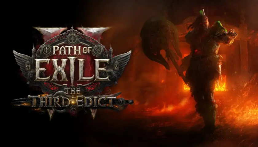 Mroczny wojownik z toporem w płomieniach, obok logo Path of Exile 2 po polsku.