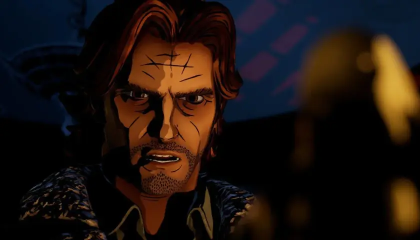 Bigby Wolf z The Wolf Among Us Spolszczenie, z ponurym wyrazem twarzy, w mrocznym otoczeniu.