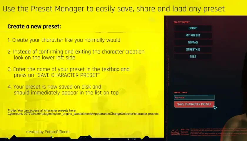 Jak wgrać mody do Cyberpunk 2077: instrukcja tworzenia i zapisywania presetów postaci.