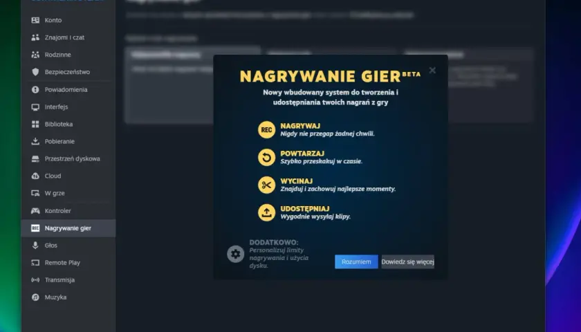 Ustawienia Steam: nagrywanie gier. Nowy system do tworzenia i udostępniania klipów. Dowiedz się, jak aktywować dostęp do społeczności Steam w grze.