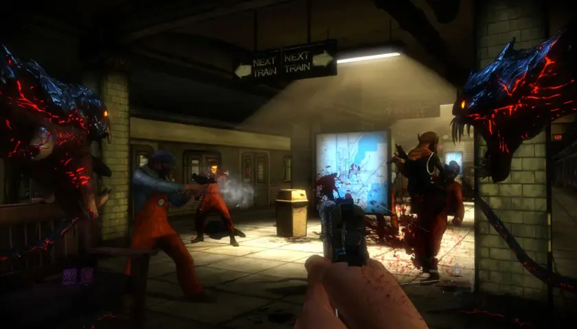 W metrze w "The Darkness 2" potwory atakują ludzi. Jeden z nich strzela do potwora.