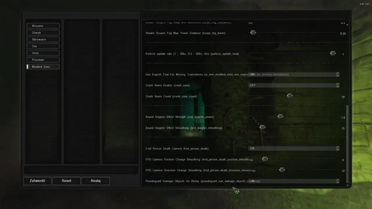 Ustawienia gry S.T.A.L.K.E.R. Anomaly, opcje graficzne i dźwiękowe. Włączono opcję "Use English Text For Missing Translations", co może pomóc w spolszczeniu gry.