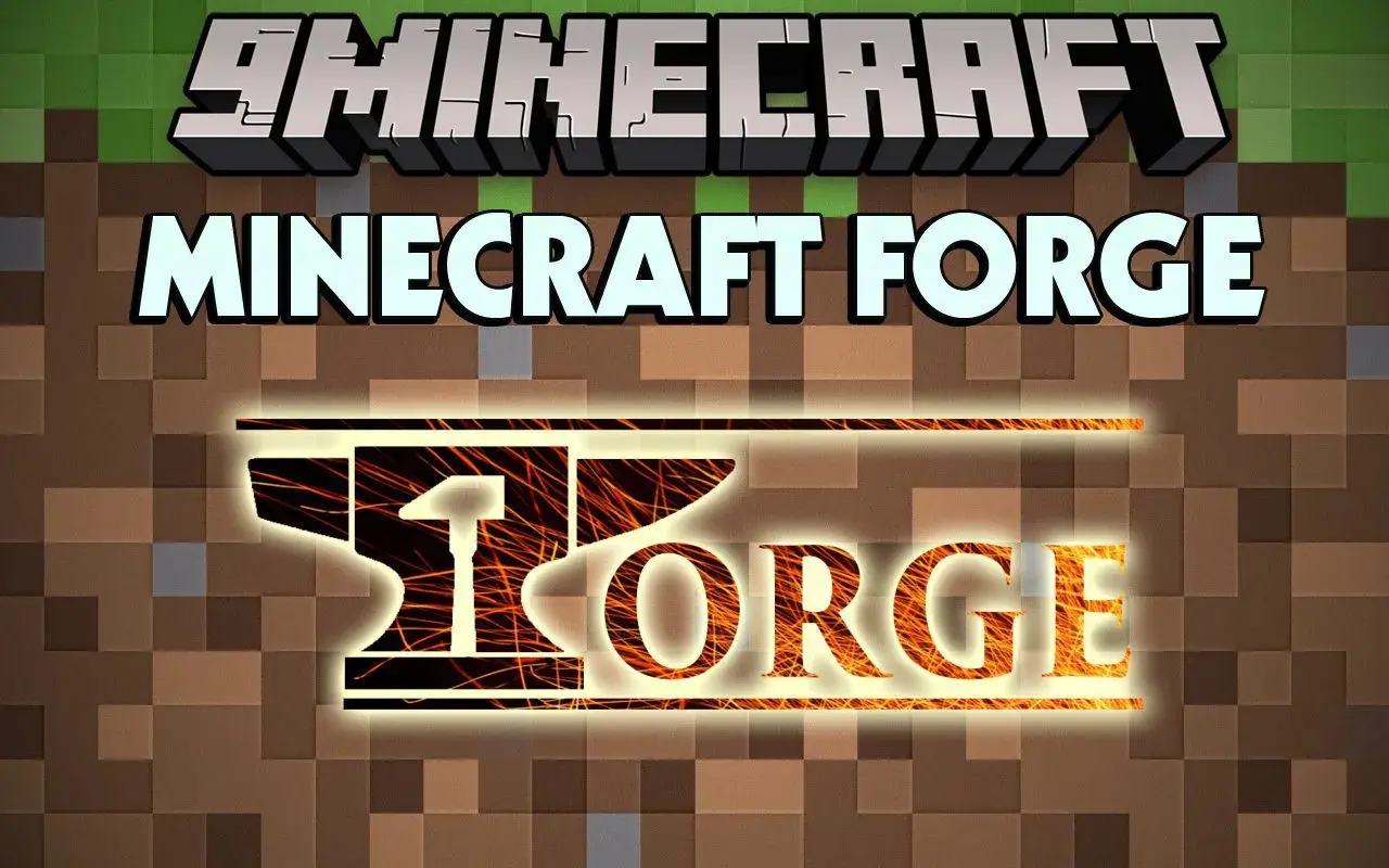 Logo Minecraft Forge z kowadłem i płomieniami na tle bloków Minecraft.