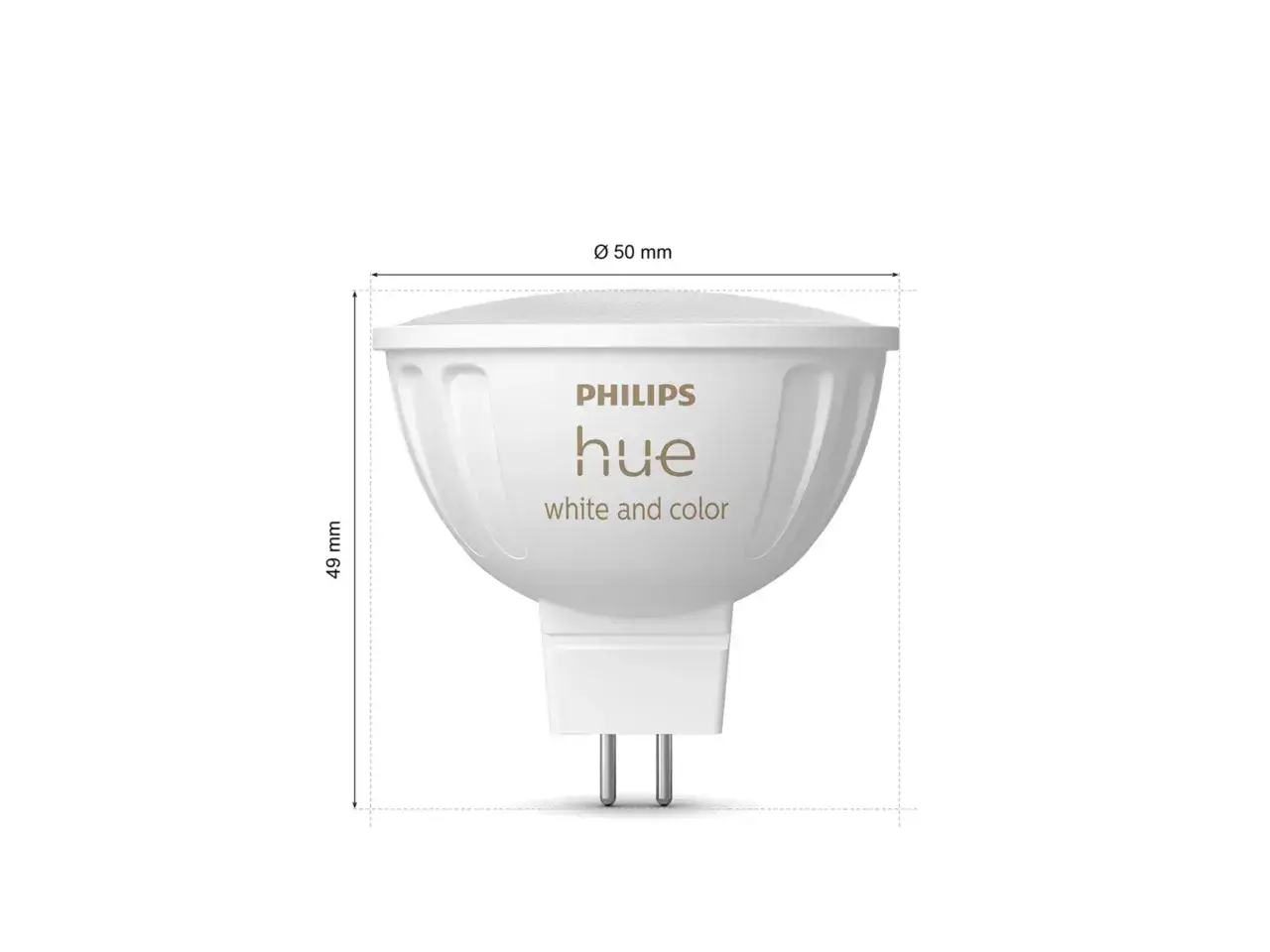 Żarówka Philips Hue, biała i kolorowa, o średnicy 50 mm i wysokości 49 mm.