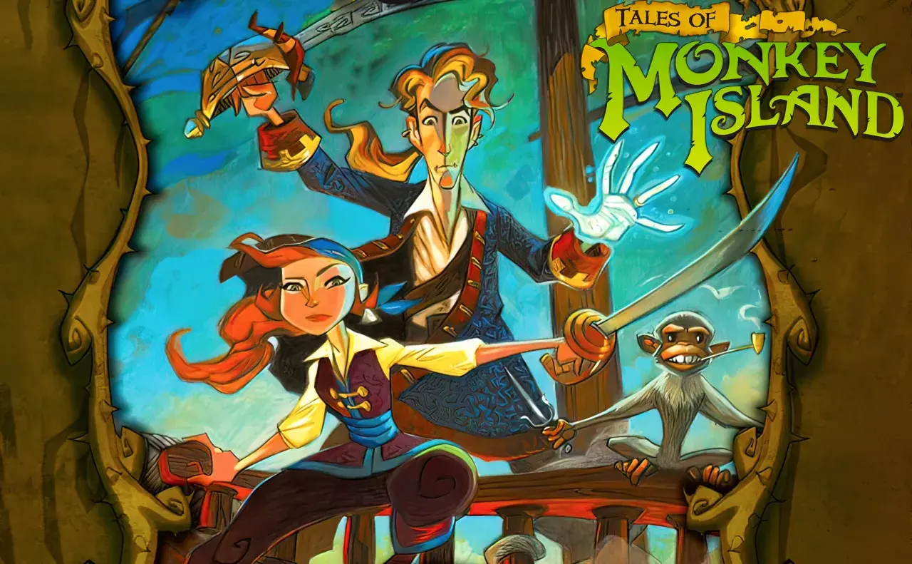 Postacie z gry "Tales of Monkey Island" - Guybrush Threepwood, Elaine Marley i małpa z fajką, w dynamicznej scenie z szablami.