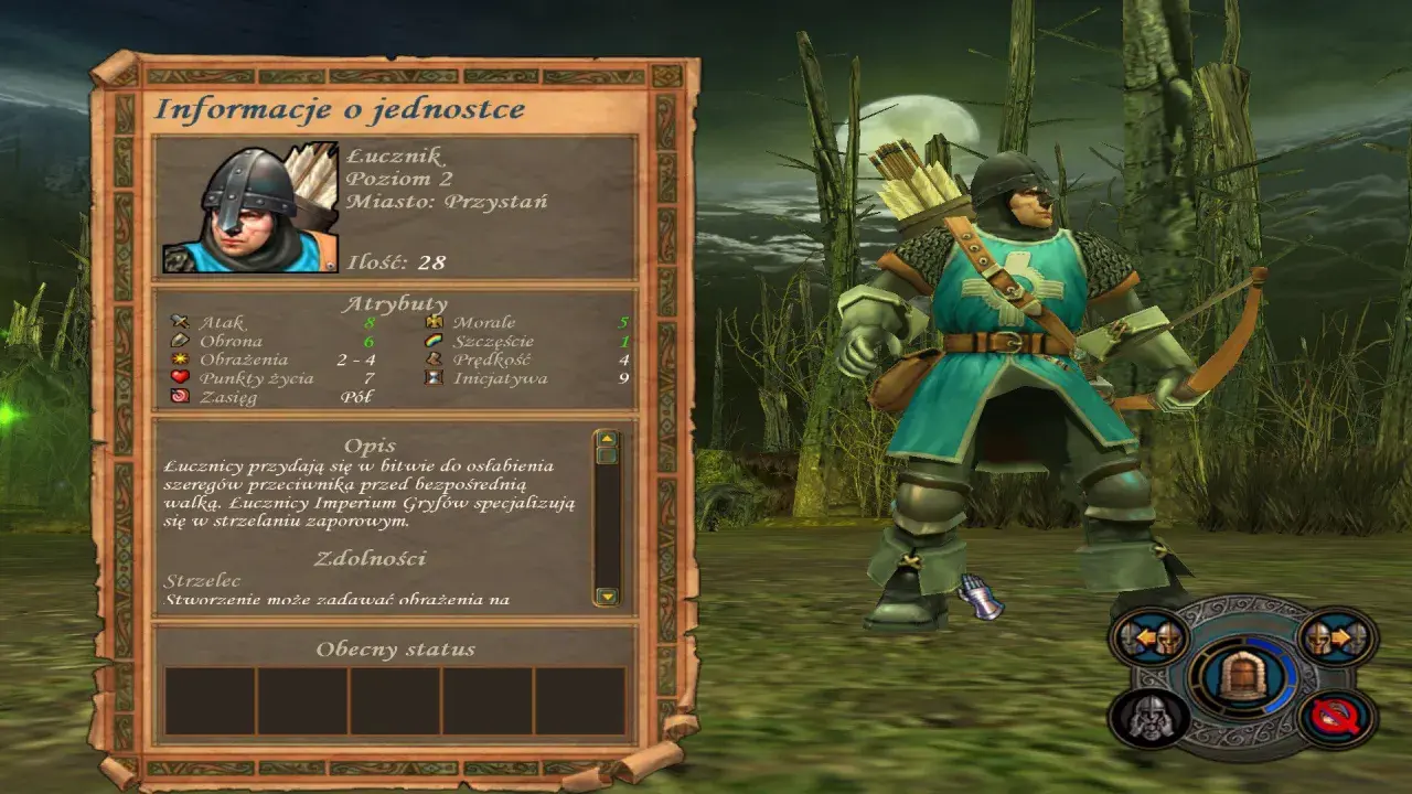 Łucznik z gry Heroes 5 spolszczenie, gotowy do walki. Jego statystyki i opis są widoczne na panelu.