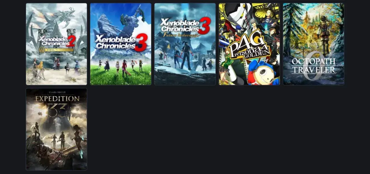 Okładki gier: Xenoblade Chronicles 2, 3, Future Redeemed, Persona 4 Golden, Octopath Traveler i Expedition. Opowieści o przeznaczeniu, które wciągają graczy w fantastyczne światy.