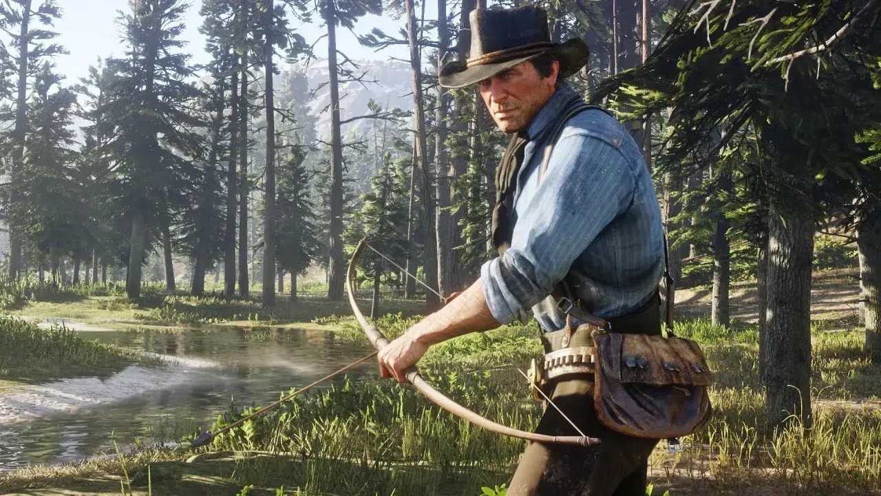 Arthur Morgan w lesie z łukiem, gotowy do polowania. Dowiedz się, jak zmienić język w Red Dead Redemption 2, by cieszyć się grą w swoim języku.