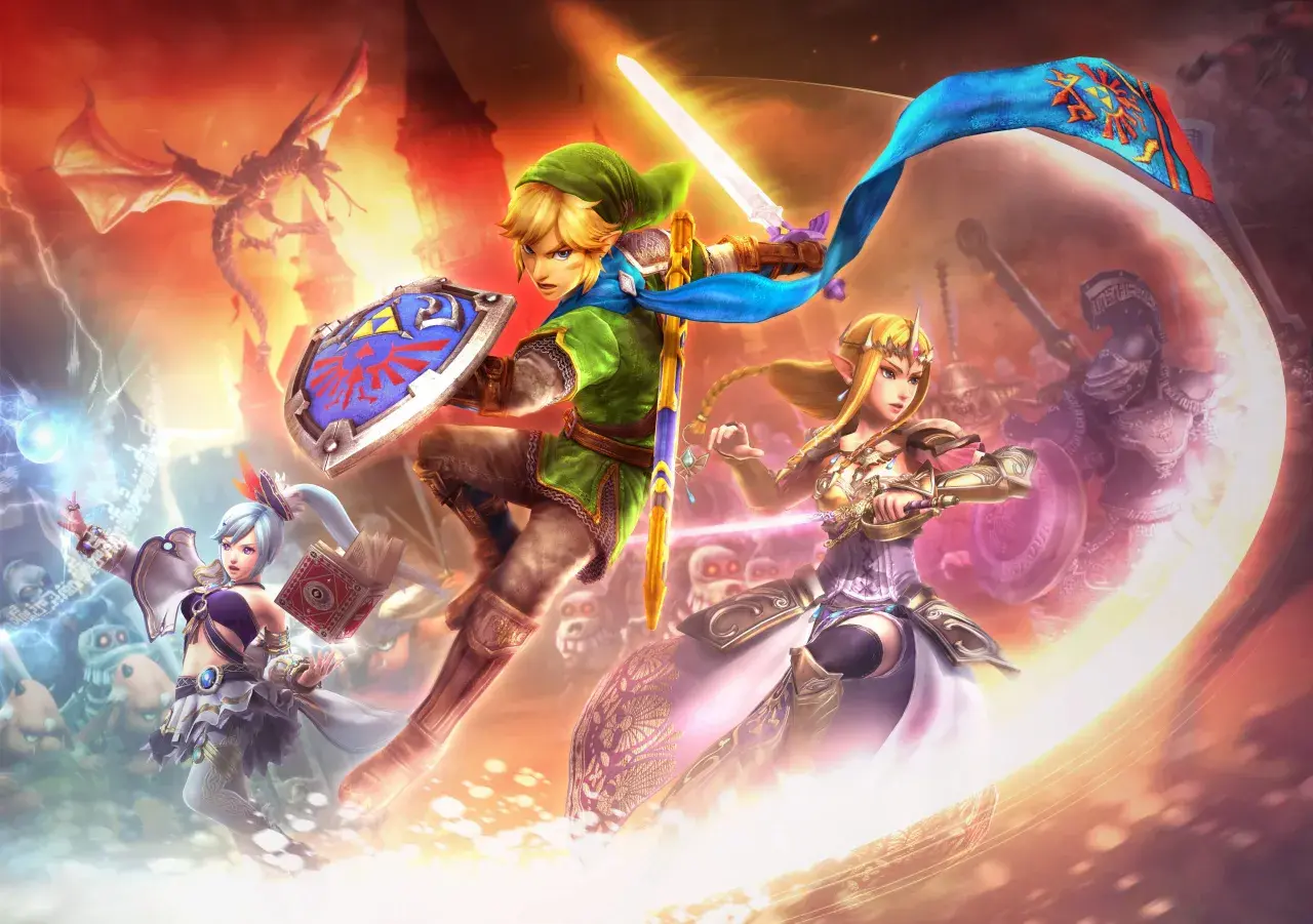 Link, Zelda i inni bohaterowie walczą z potworami w świecie The Legend of Zelda: A Link to the Past. Smoki i rycerze w tle.