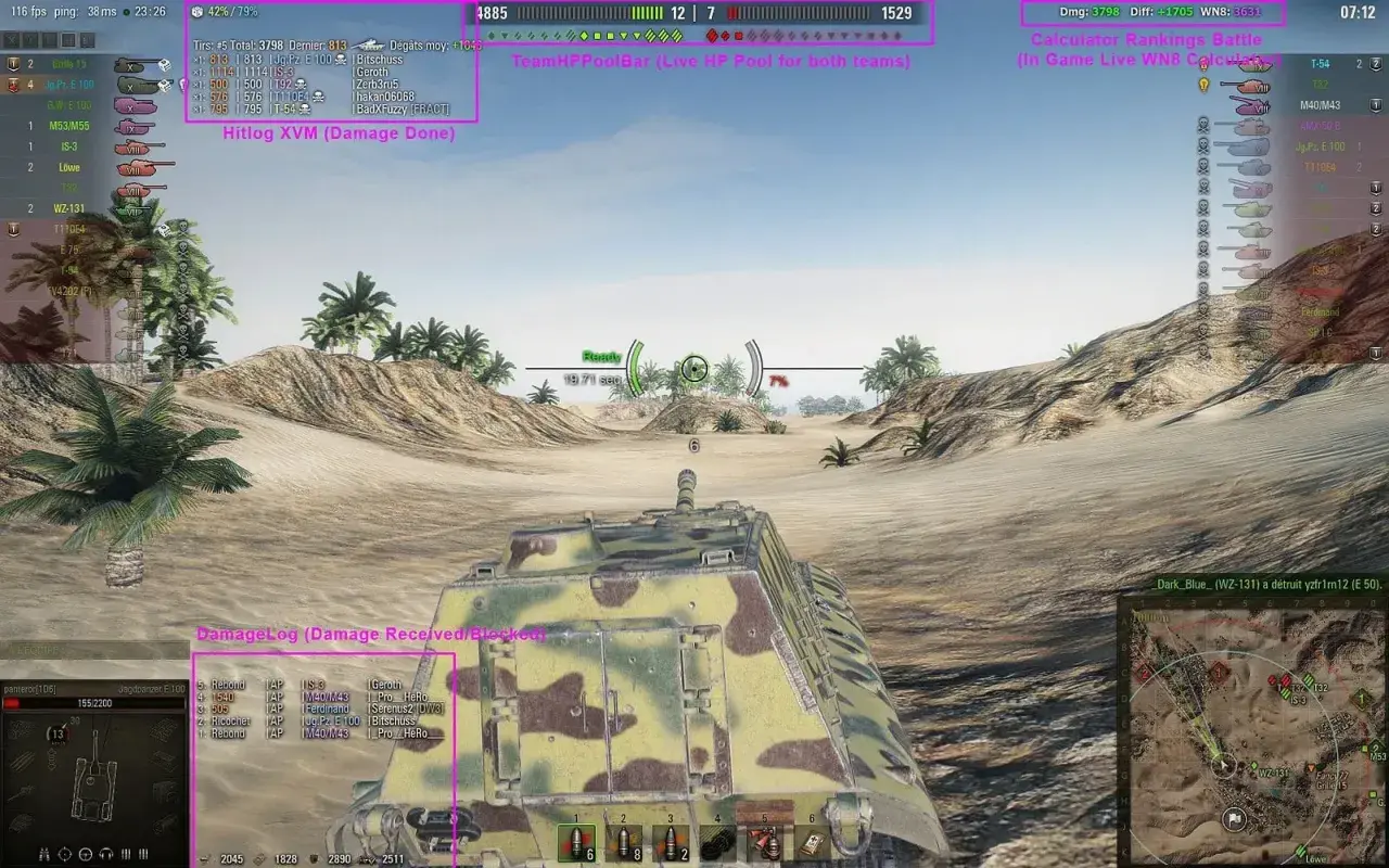 Widok z gry World of Tanks z modami XVM, pokazujący statystyki graczy i obrażenia. Dowiedz się, jak zainstalować mody do WOT.