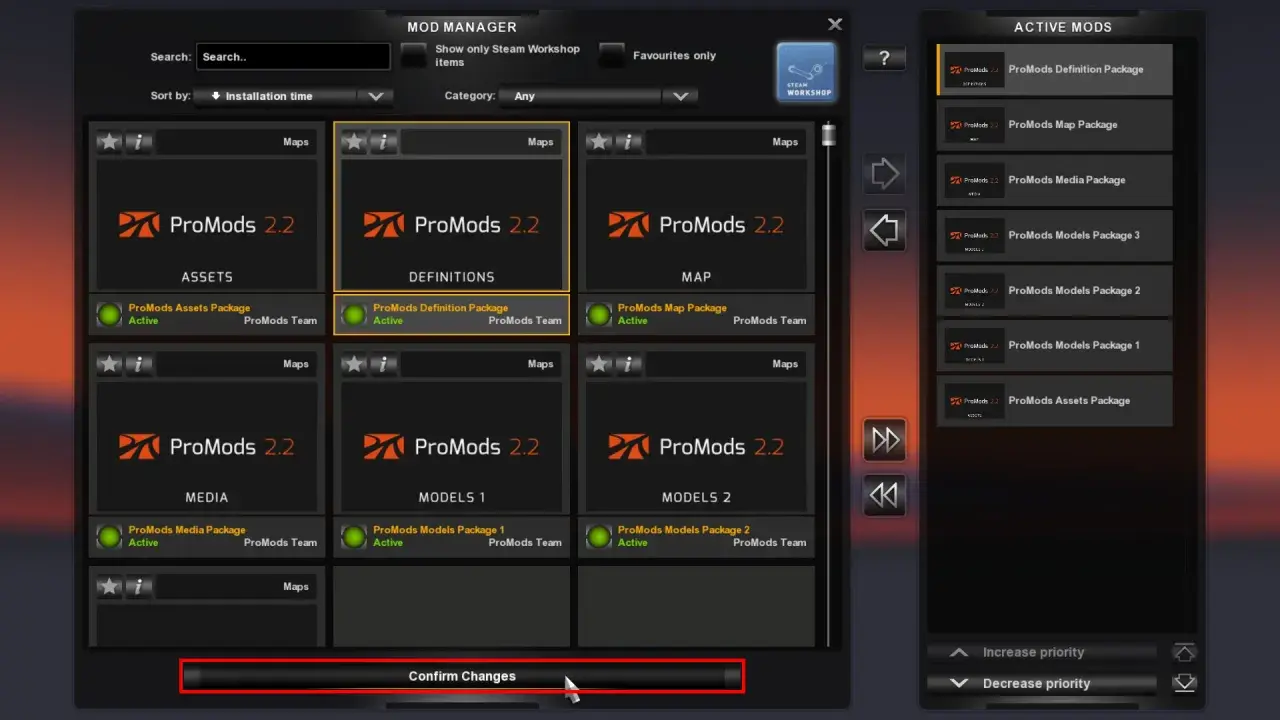 Zarządzanie modami w ETS2: aktywne pakiety ProMods, gotowe do wgrania. Kliknij "Confirm Changes", by zastosować.