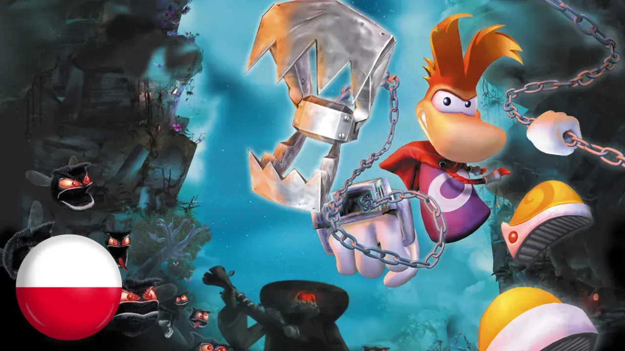 Rayman 3 spolszczenie: Rayman walczy z potworami, a obok niego polska flaga.