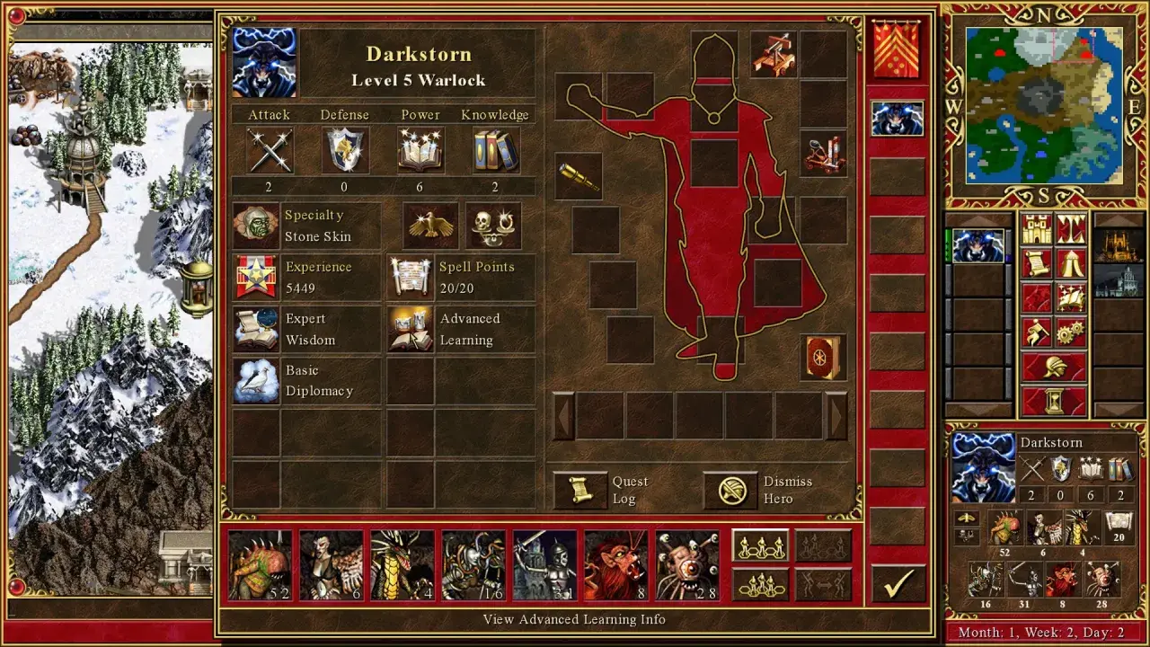 Might and Magic 1: Bohater Darkstorm, poziom 5 Warlock, z atakami, obroną, mocą i wiedzą. Na mapie świata widać zimowy krajobraz.