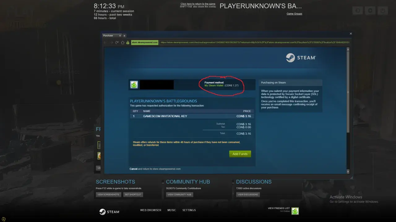 Okno zakupu na Steam pokazuje, jak zmienić sposób płatności na Steam, aktualnie używany jest portfel Steam.