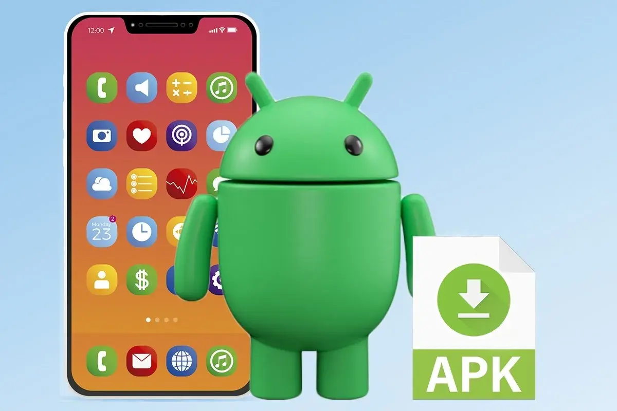 Zielony robot Android obok telefonu z ikonami aplikacji i plikiem APK. Dowiedz się, jak instalować gry na Androida.