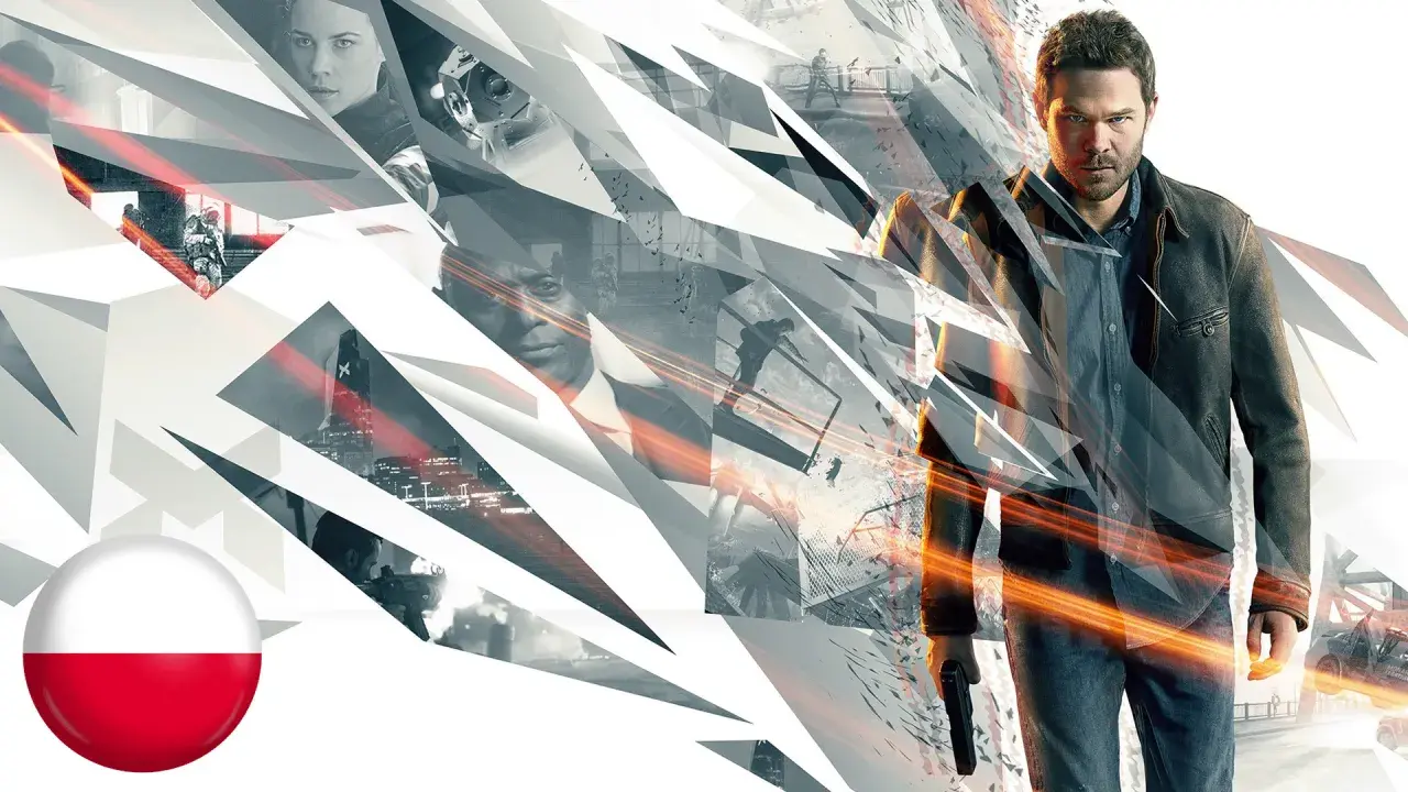 Jack Joyce z pistoletem, fragmenty miasta i postaci, flaga Polski. Quantum Break spolszczenie.