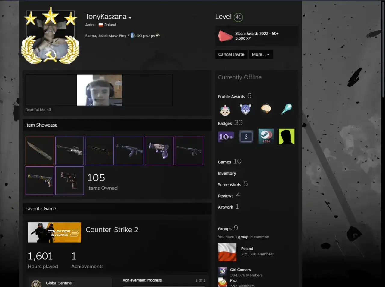 Profil gracza Steam TonyKaszana, poziom 41. Pokazuje jego ulubioną grę Counter-Strike 2 i przedmioty.