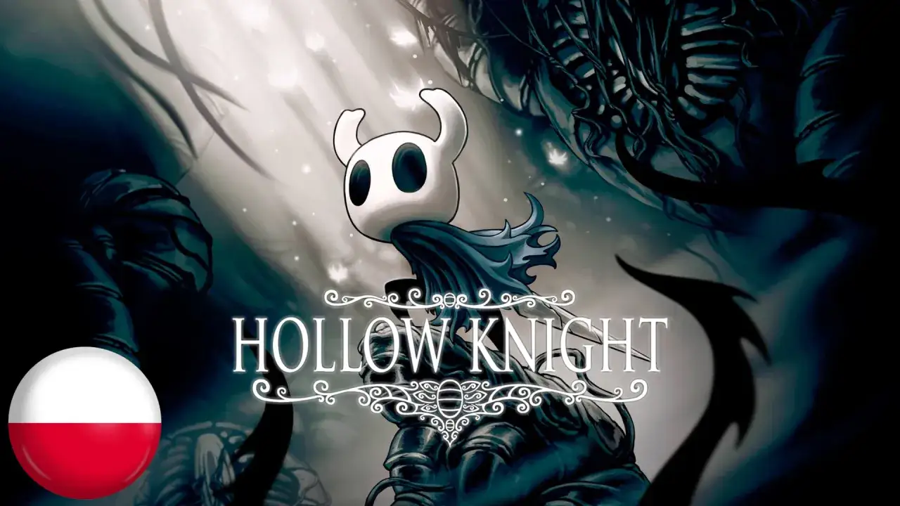 Biały rycerz z Hollow Knight na tle mrocznego świata. Flaga Polski sugeruje polskie spolszczenie gry.
