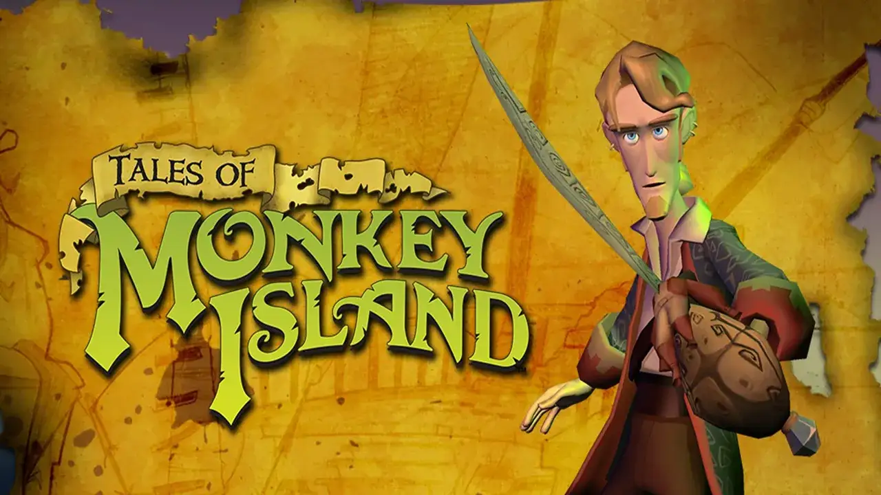 Guybrush Threepwood z szablą i sakiewką, na tle mapy z napisem 