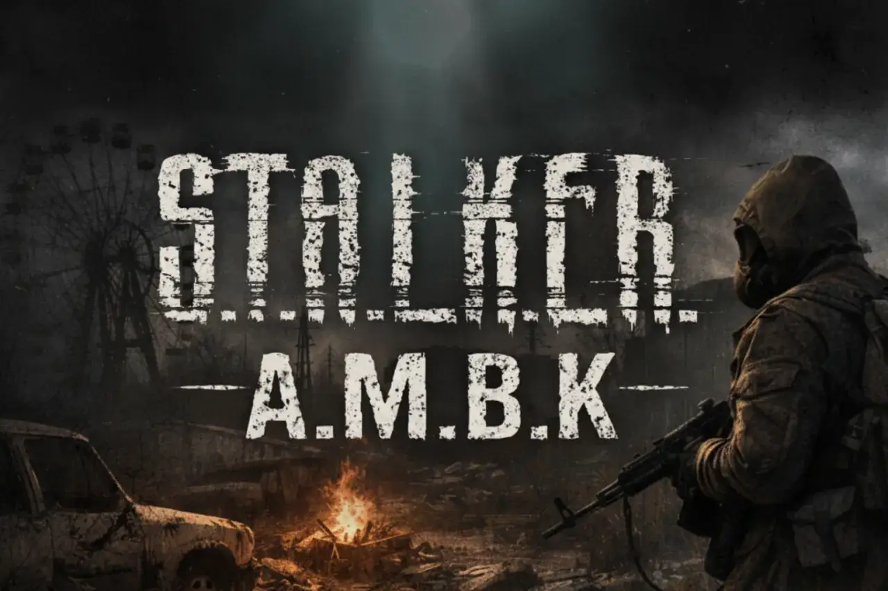 Stalker Anomaly Spolszczenie: postać w masce gazowej z karabinem, zniszczony samochód i diabelski młyn w tle.