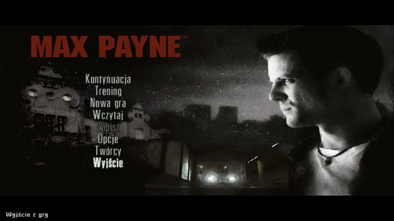 Menu gry Max Payne 2 z opcjami: Kontynuacja, Trening, Nowa gra, Wczytaj, Zapisz, Opcje, Twórcy, Wyjście. W tle widać Maxa Payne'a i mroczne miasto. To polskie spolszczenie.