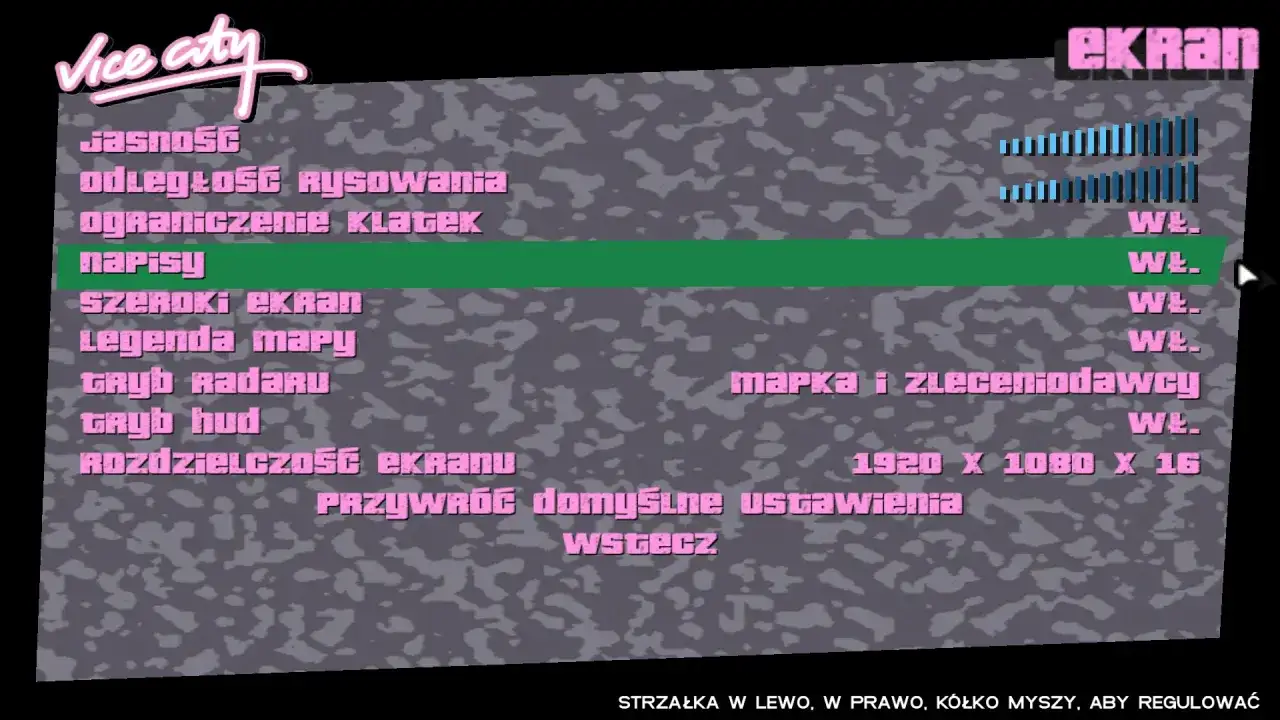 Ustawienia ekranu w GTA Vice City. Spolszczenie gry pozwala na dostosowanie jasności, napisów i rozdzielczości.