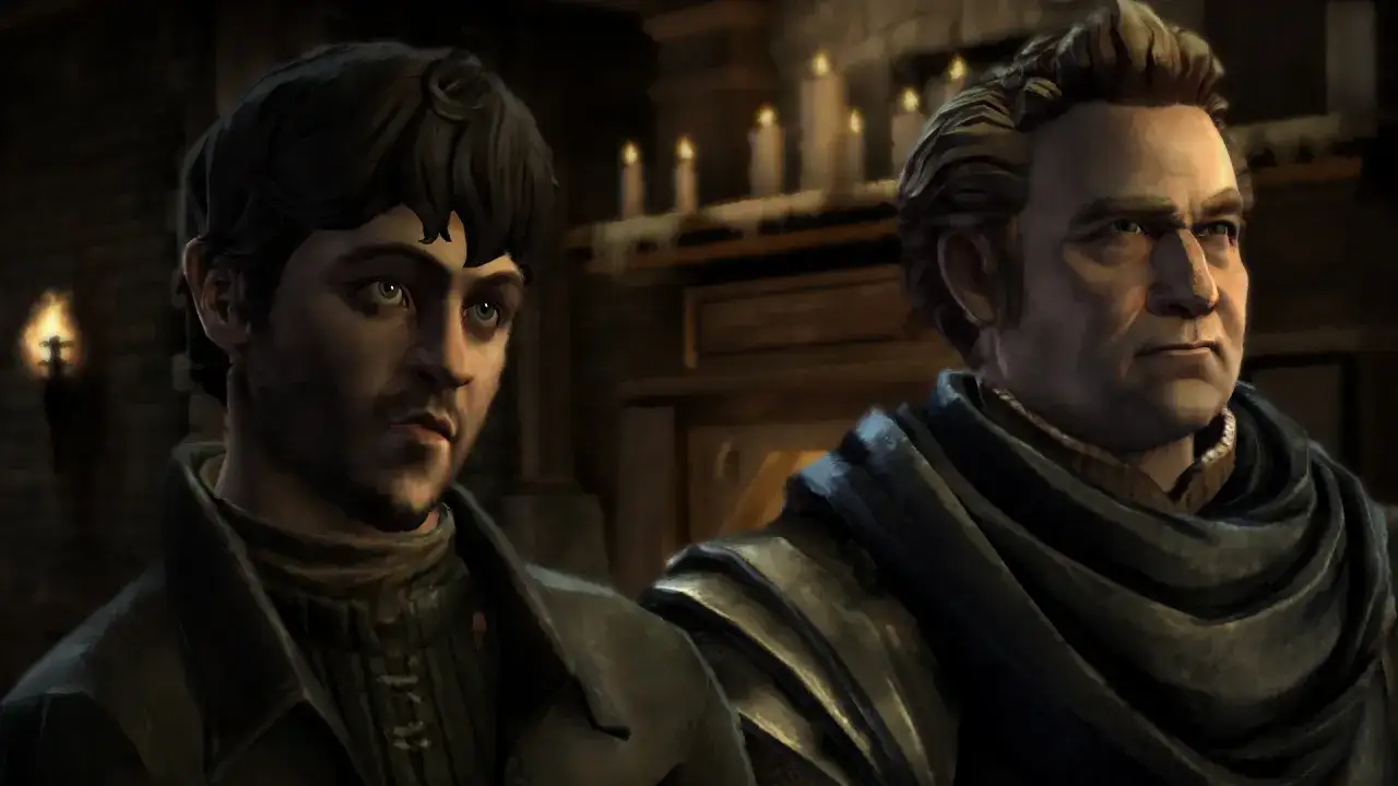 Dwóch mężczyzn w mrocznym wnętrzu. Młodszy z zielonymi oczami, starszy w zbroi. Scena z gry Game of Thrones The Telltale Series po polsku.