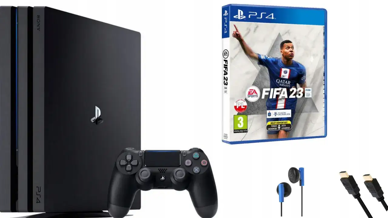 PlayStation 4 Pro, pad, słuchawki, kable HDMI i gra FIFA 23. Idealny zestaw, by dowiedzieć się, jak grać w FIFĘ na dwa pady PS4.