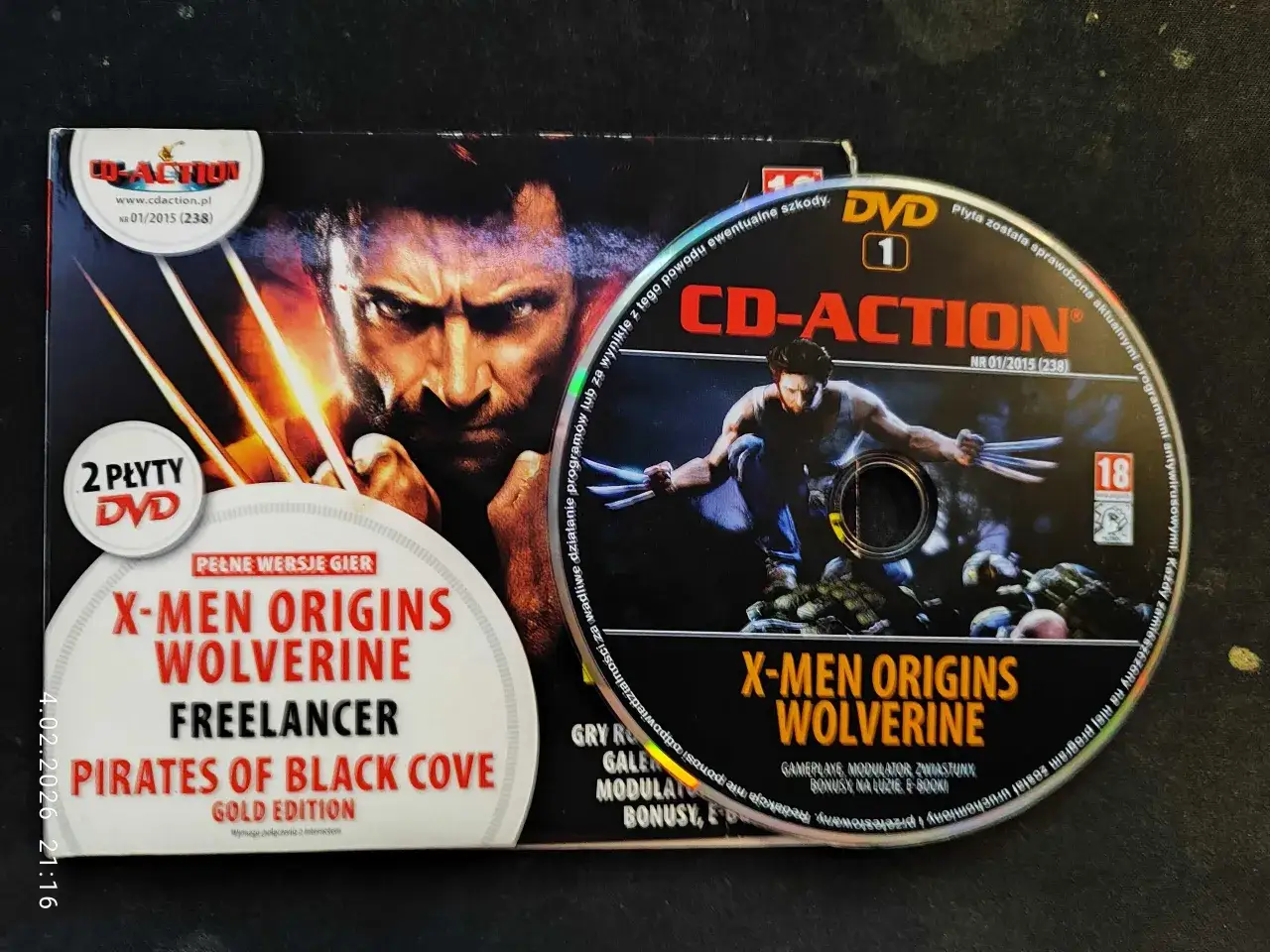 Płyta DVD z grą X-Men Origins Wolverine, wydana przez CD-Action. Logan w akcji, gotów do walki.