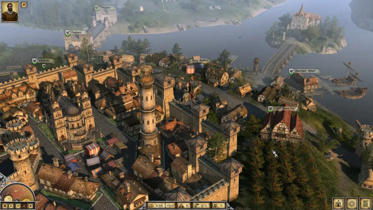 Miasto w grze Legends of Eisenwald: mury, wieże, rynek, karczma i port.