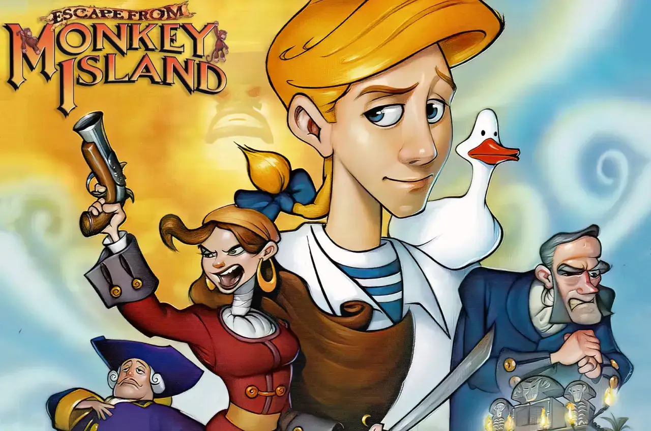 Postacie z gry Escape from Monkey Island: Guybrush Threepwood, Elaine Marley z pistoletem, wesoła gęś i groźny przeciwnik.