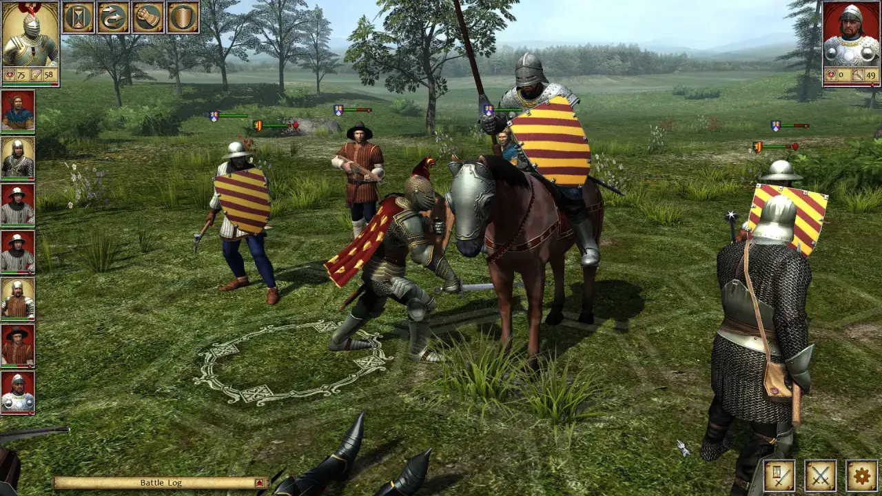 Rycerze w zbrojach i z tarczami w barwach żółto-czerwonych walczą na polu bitwy w grze Legends of Eisenwald.