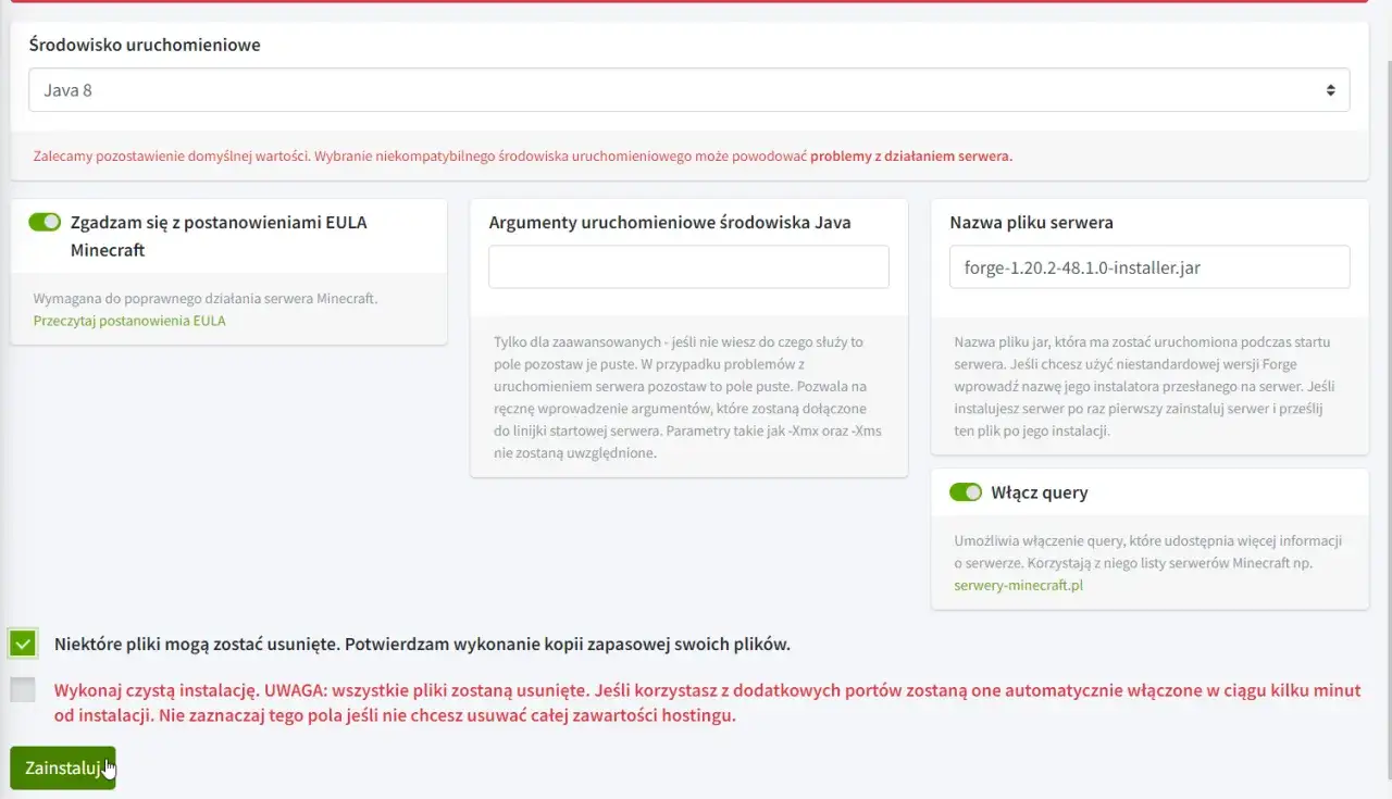 Konfiguracja serwera Minecraft: wybór Javy, nazwa pliku serwera (np. Forge), zgoda na EULA. To pierwszy krok, jak wgrać mody do Minecraft.