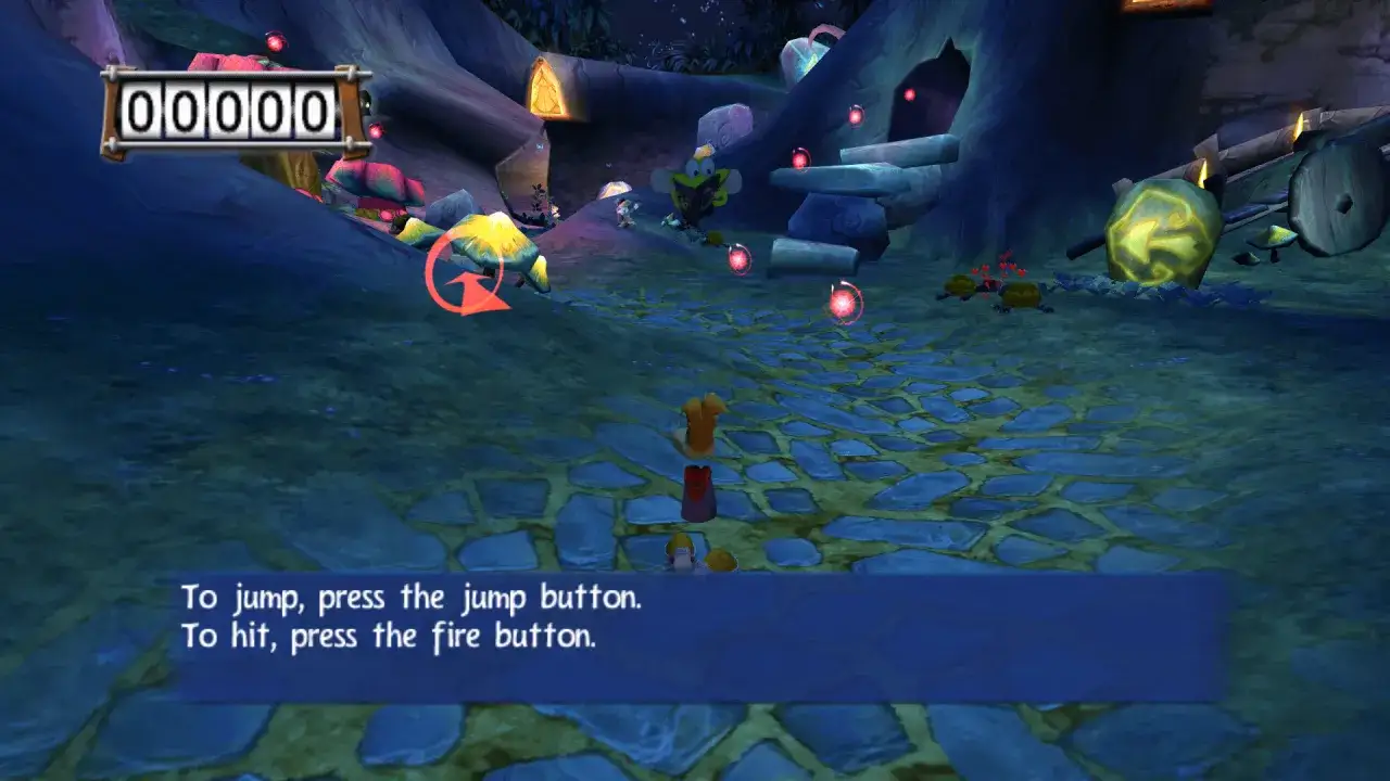 Rayman 3 spolszczenie: Rayman skacze i atakuje w mrocznym lesie. Na ekranie licznik i wskazówki sterowania.