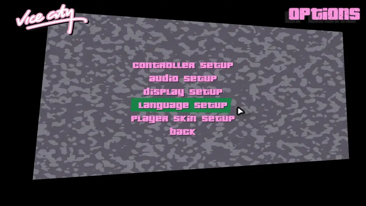 Opcje GTA Vice City: Language setup. Włącz spolszczenie, by cieszyć się grą po polsku.