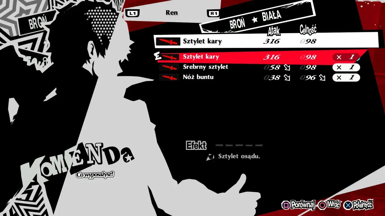 Menu ekwipunku w Persona 5 spolszczenie. Ren wybiera broń, widoczne statystyki ataku i celności.