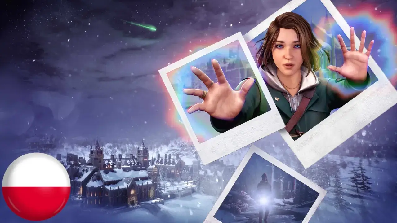 Zdjęcia z gry Life is Strange, z polską flagą i zimową scenerią.