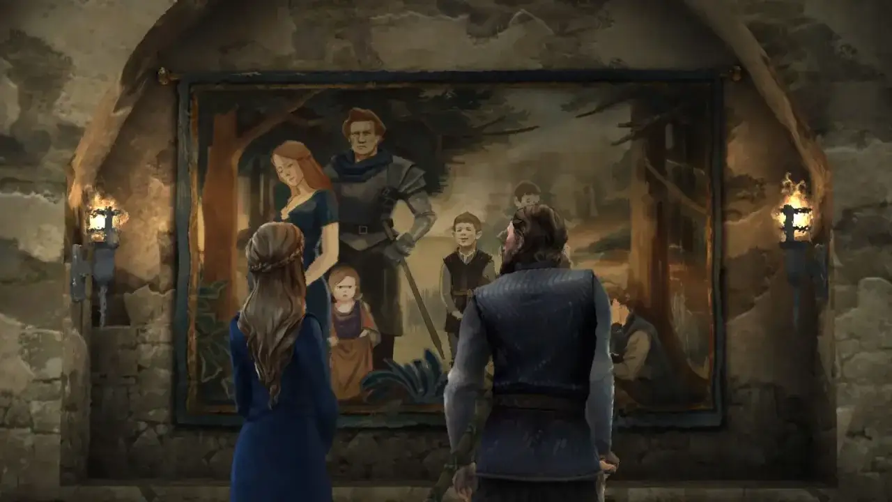 Postacie z gry Game of Thrones: The Telltale Series po polsku oglądają rodowy gobelin przedstawiający rodzinę.