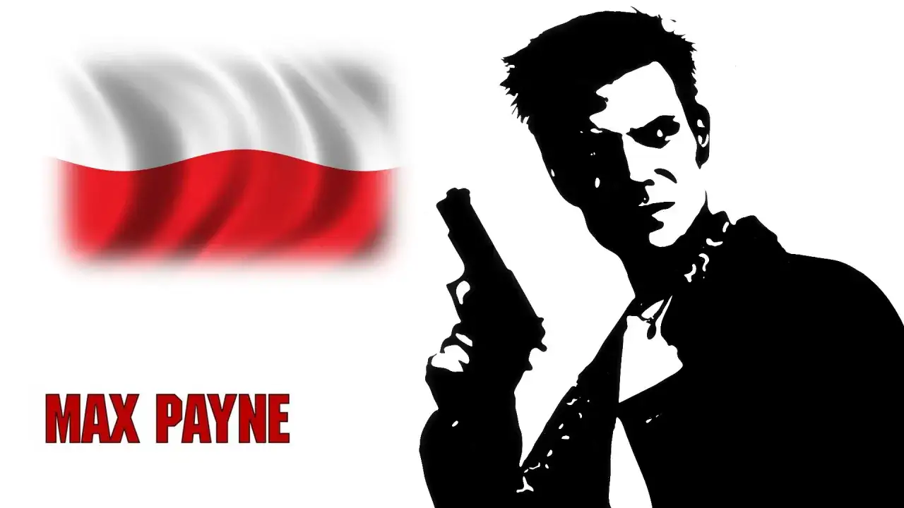 Max Payne 2 spolszczenie: Max Payne z pistoletem na tle polskiej flagi.
