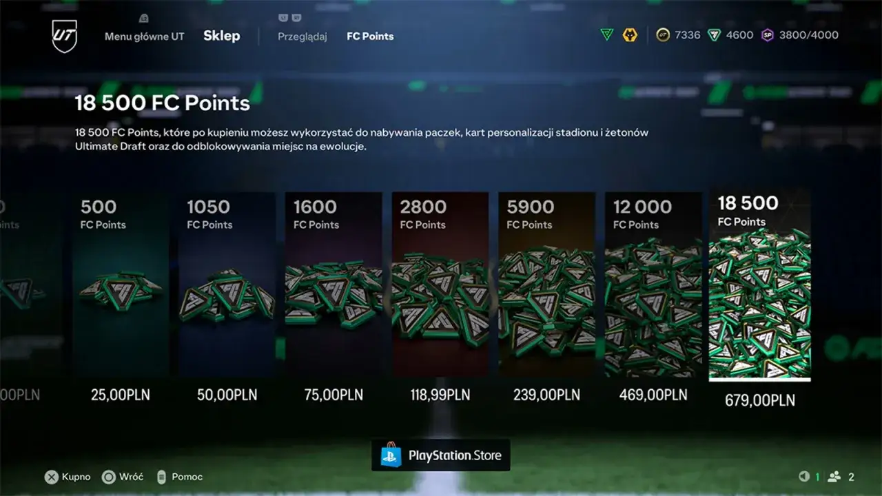 Ekran sklepu gry, gdzie można sprawdzić, jak kupić FC Points w różnych pakietach, od 500 do 18 500 sztuk.
